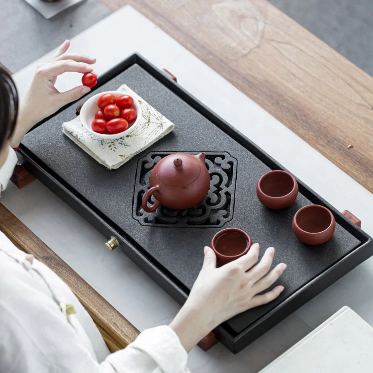 Chinese Ancient Style Hand Carved Creative Natural Black Stone Tea Tray Home Small Tea Table Kung Fu Tea Set