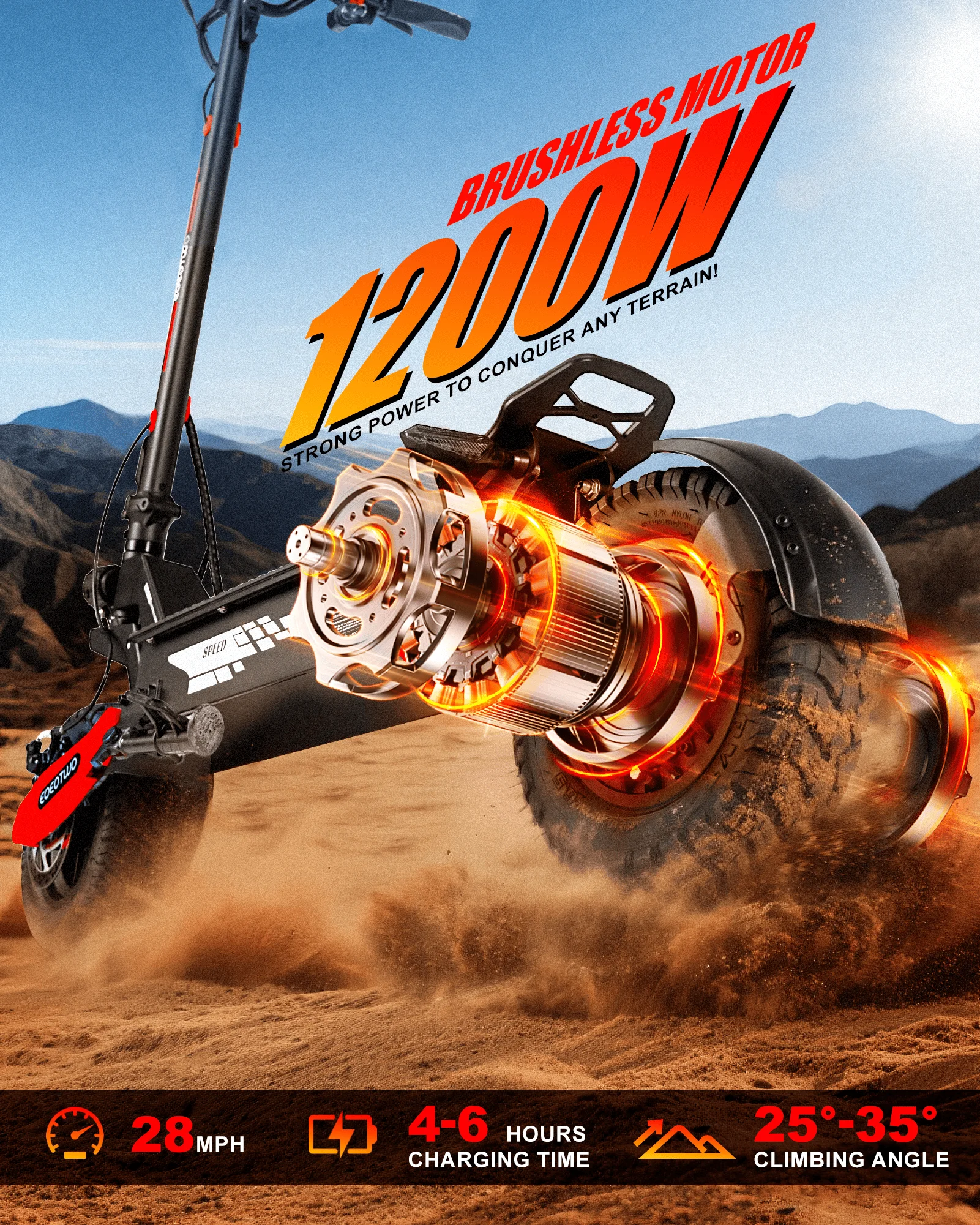 سكوتر كهربائي، محرك 1200 وات، نطاق أقصى 40/20 ميل وسرعة علوية 28 ميل في الساعة، إطارات للطرق الوعرة مقاس 11 بوصة، فرامل مزدوجة تعليق مزدوج سكوتر إلكتروني للكبار