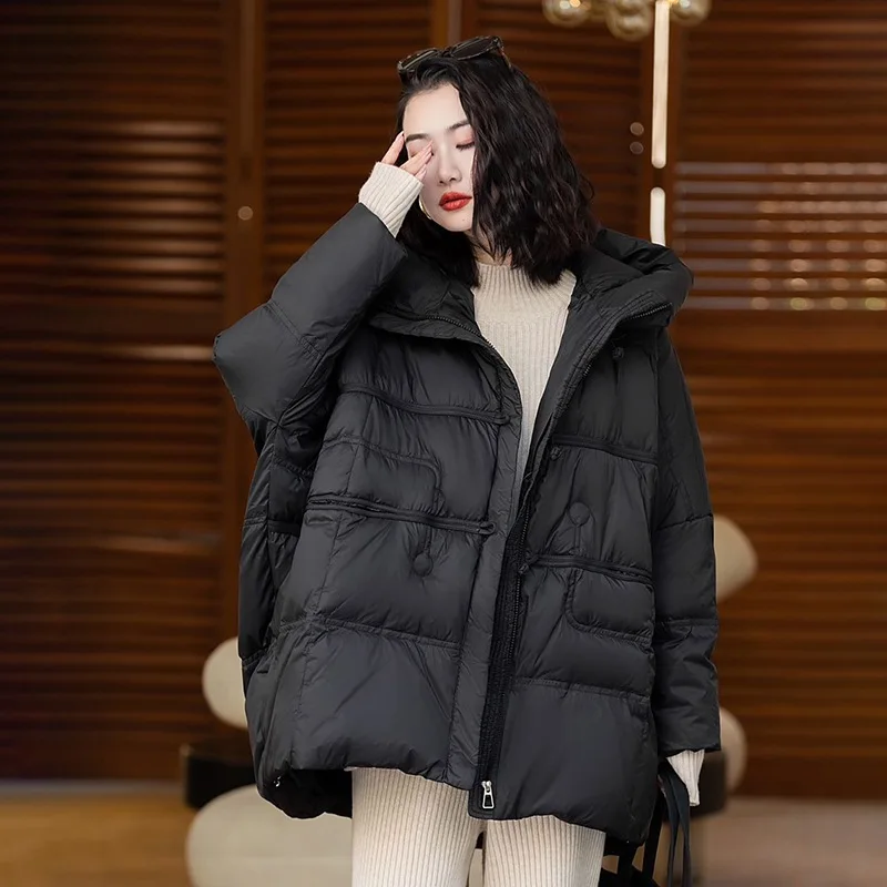 Winter Loose Hooded Mid Length Down Jacket Female Oversize Warm Jackets Women White Duck Down Zipper Waterproof Parker Outwears