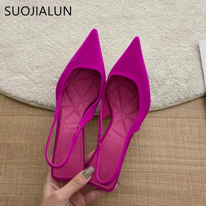 SUOJIALUN 2022 Summer New Brand Pointed Toe Slingback Shoes Thin High Heel Shallow Slip On Ladies Elegant Sandals Plus Size 41