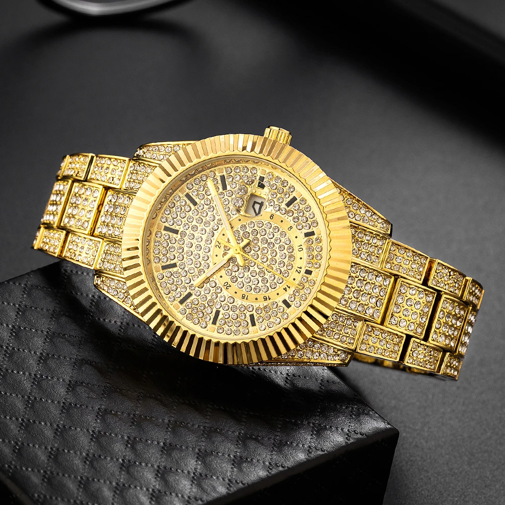 Classic Designer Watch For Male Fashion Full Diamond Bling Bling Quartz Timepiece Luxury Crystal Bracelet Watches Gift For Men