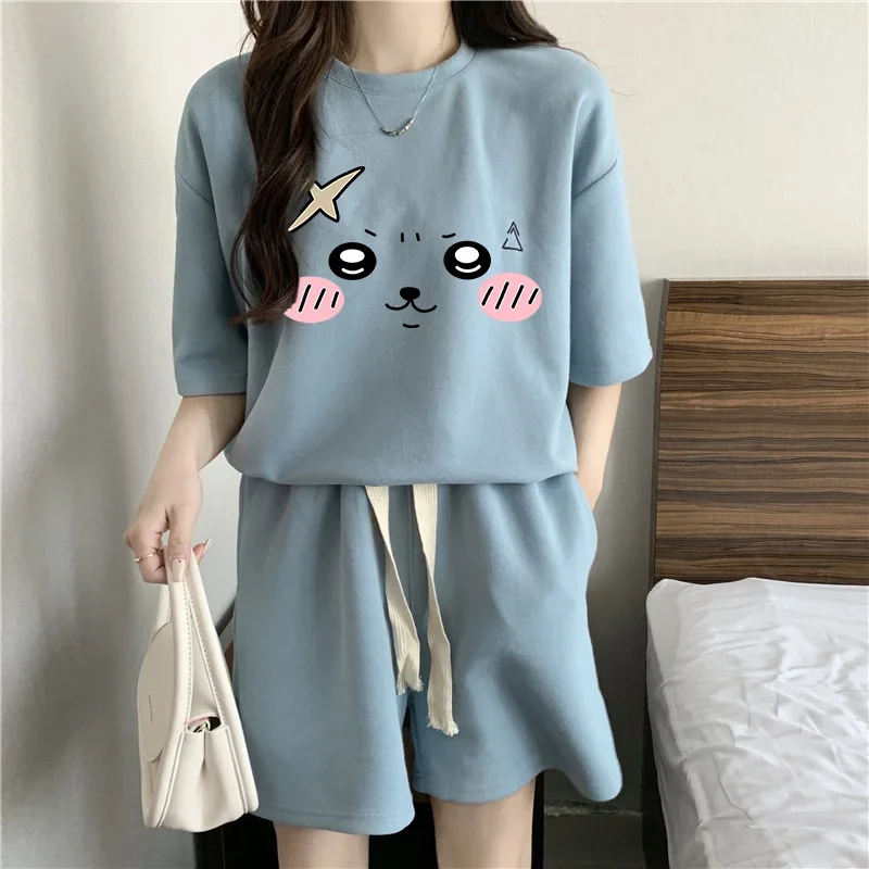 Футболка с милым мультяшным принтом, повседневные шорты с коротким рукавом, Повседневная Свободная одежда, модная Корейская версия, Топ