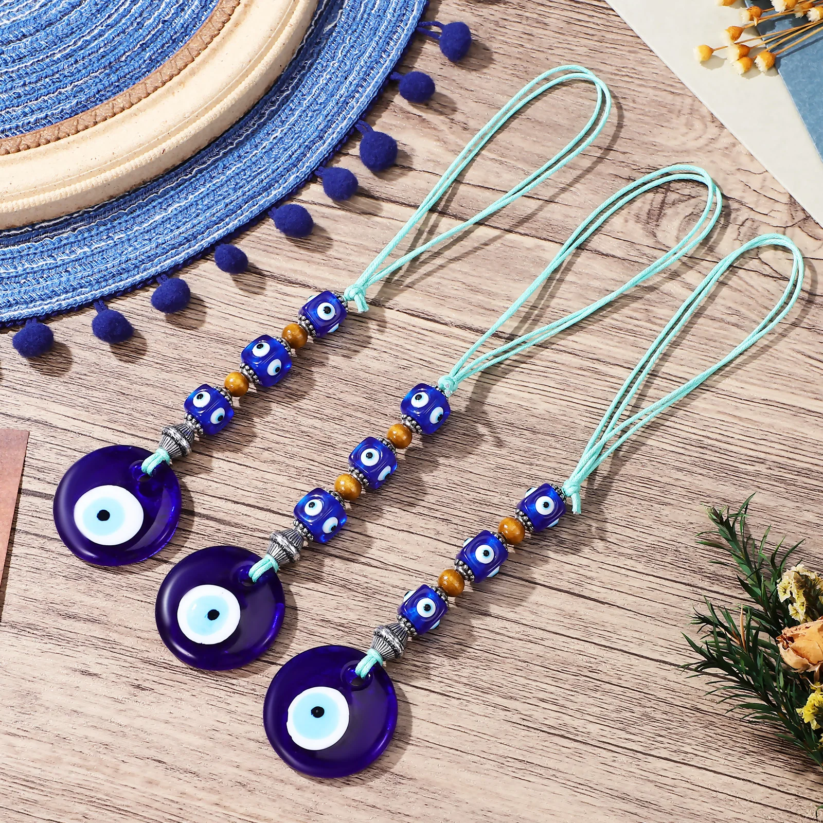 

3Pcs Evil Eye Beads Turkish Blue Glass Hanging Ornaments Protection Amulet Wall Door Hanging Home Blessing Charms