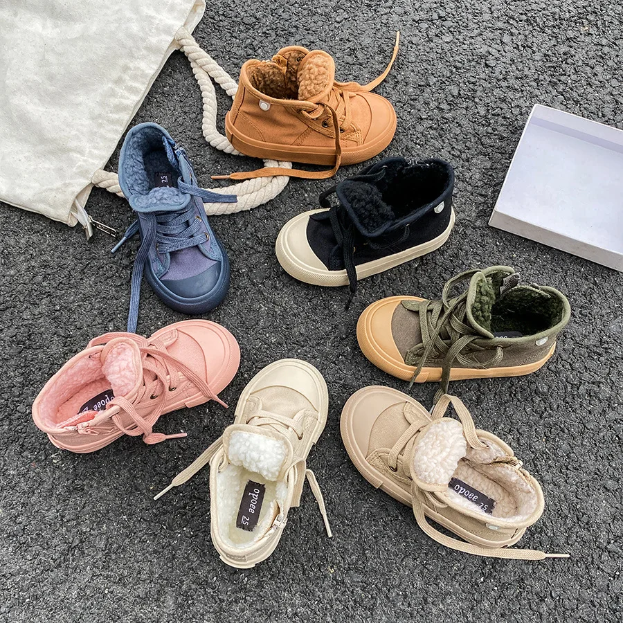 Winter Children Plush Canvas Shoes Boys Girls Warm Double-Layer Cotton Flat Boots Thickened Kids High-Top Sports Cotton Shoes
