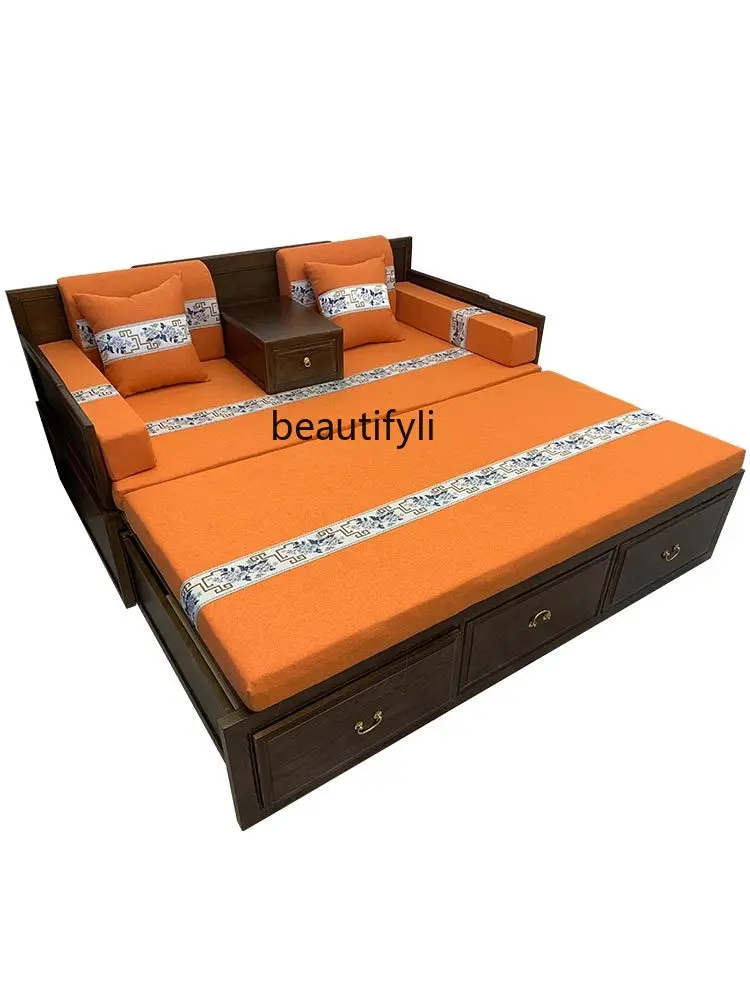 New Chinese Arhat bed Solid wood push-pull living room sofa retractable bed Modern simple living room household small apartment