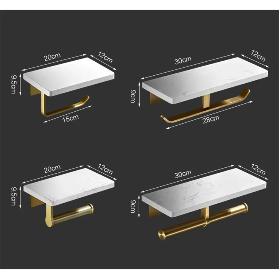 Bathroom Roll Paper Holder Aluminum & Marble Bath Mobile Phone Towel Rack Toilet Tissue Shelf Wall Mounted Luxury Brushed Gold