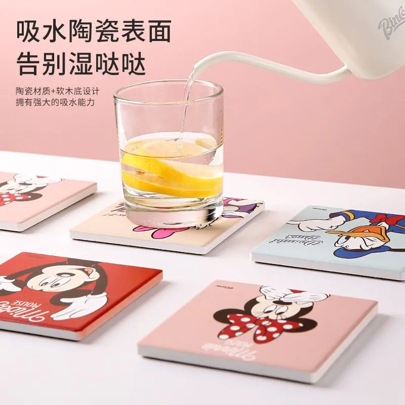 Disney Mickey Minnie Donald Duck Anime Cartoon Cute Ceramic Coaster Creative Kawaii Thermal Insulation Mat Home Decoration