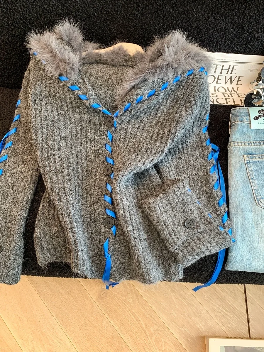 Lu Fur Trim Sweater Feminino Outono Inverno Thiened Quente Malha Longo Sve Cardigan Gola de Veludo Macio Cor Preguiçosa...