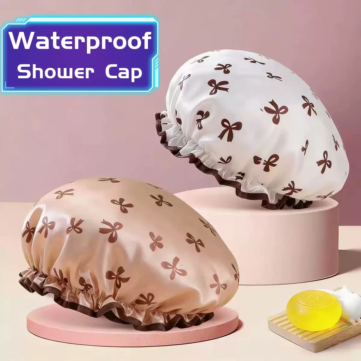 1pc Double Layer Shower Caps, Elastic Shower Caps, Waterproof Bath Caps Reusable Shower Caps Hair Hat For Women Ladies Spa Salon