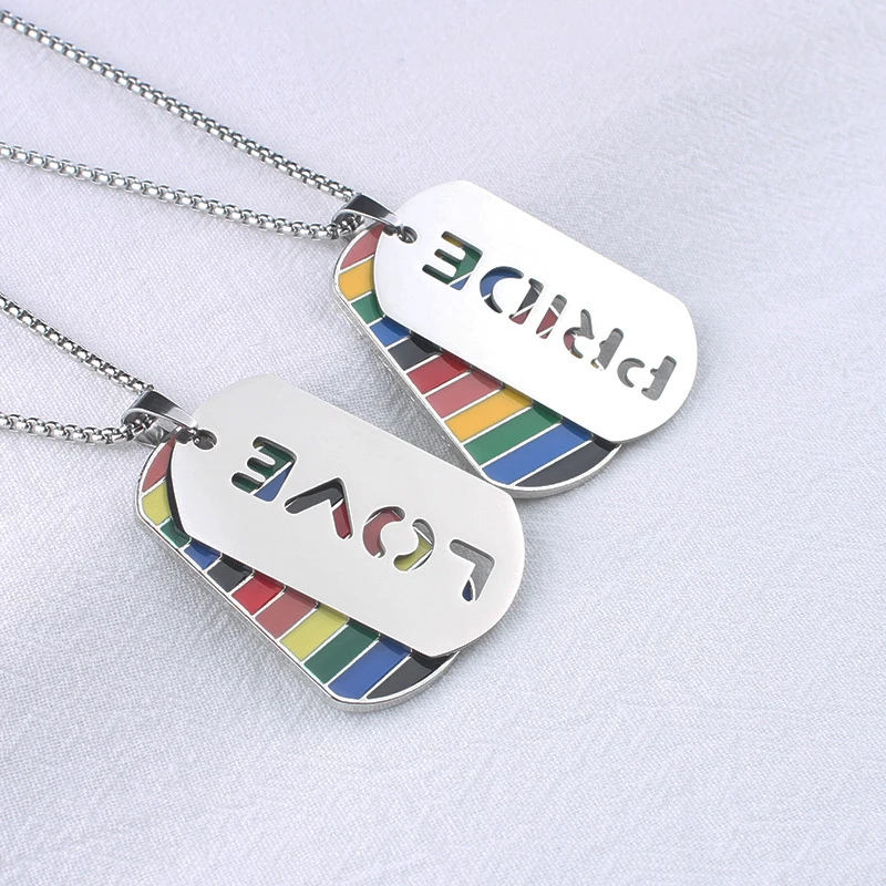 Pride Rainbow Dog Tag Necklace, Stainless Steel LOVE PRIDE Pendant, LGBTQ+ Couple Jewelry Double pendant accessory