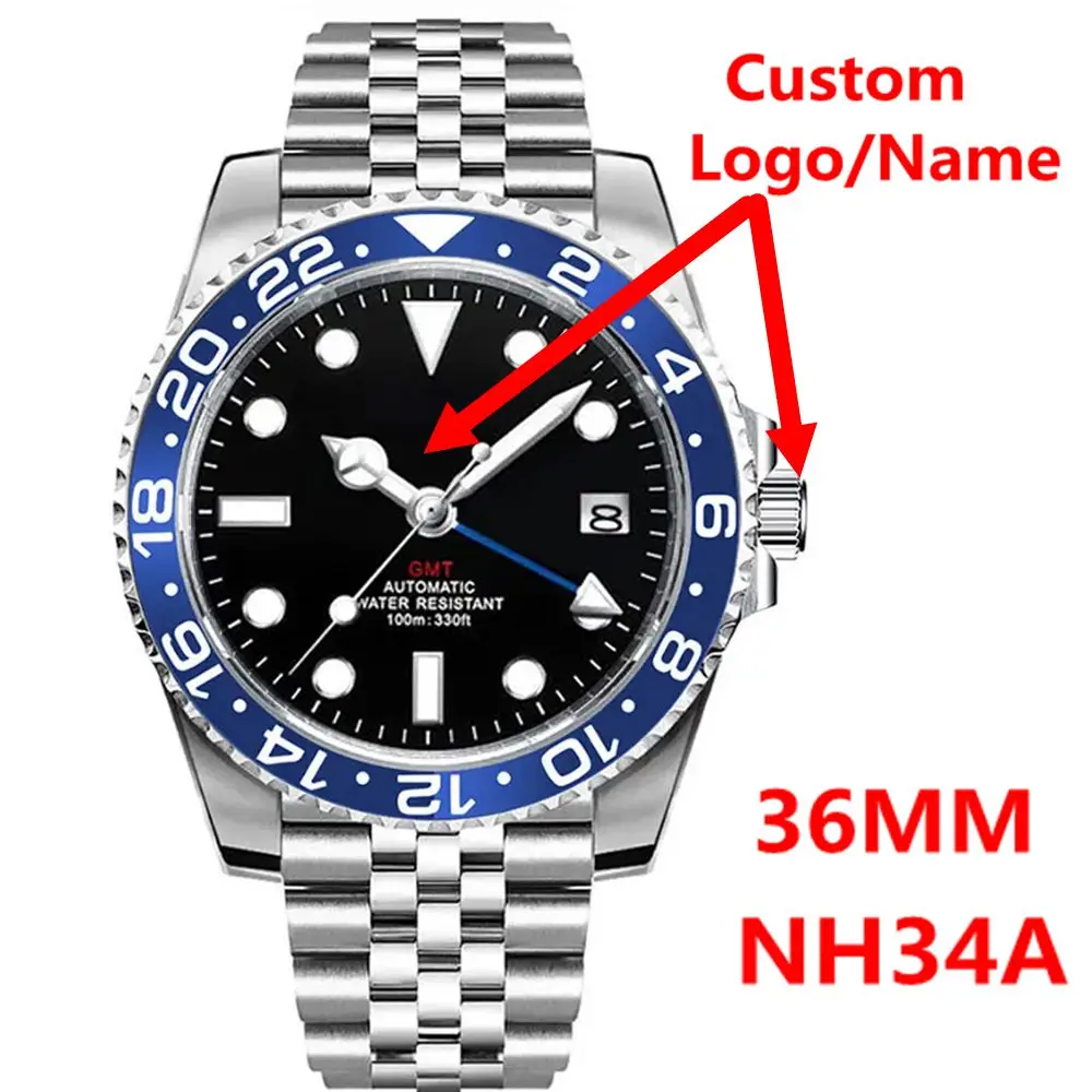 Custom NH34 GMT Men Mechanical Watches 36MM 100M Waterproof Sapphire Glass Stainless Steel Automatic Watch for Men Dress reloj