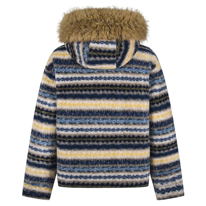 American Retro Detachable Fur Collar Unisex Cotton Jacket 2025 Autumn Winter New Striped Thick Loose Warm Couple Coats Ladies