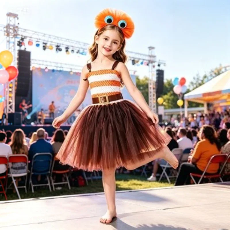 Fashionable orange and white striped tulle tutu dress, complete cartoon-style outfit for girls, ideal for stage and performances