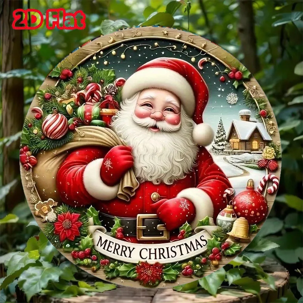 Merry Christmas Winter Snowman Metal Sign - Round Hanging Decoration for Front Door and Home Wall