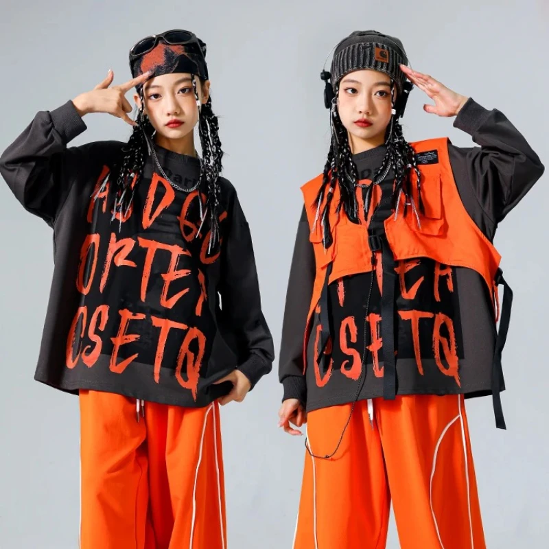 Boys Hip Hop Cool Sweatshirt Vest Cargo Pants Girls Fashion Jazz Street Dance Costume Children Clothes Set Kids K-pop Streetwear