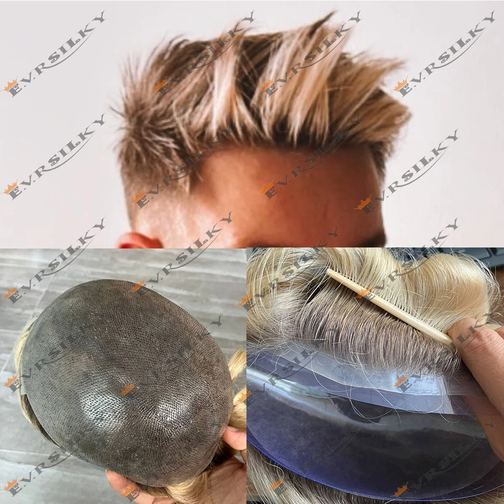 Ombre Blonde 0.06mm Human Hair Toupee for Men Full PU Thin Skin Hairpieces Brown Roots 613 Male Wig Replacement System Prosthesi