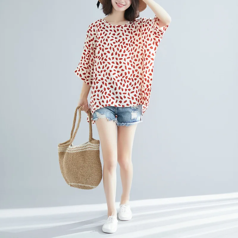 Summer new plus size casual T-shirt  8XL fashion women's chiffon round neck short sleeve printed loose T-shirt