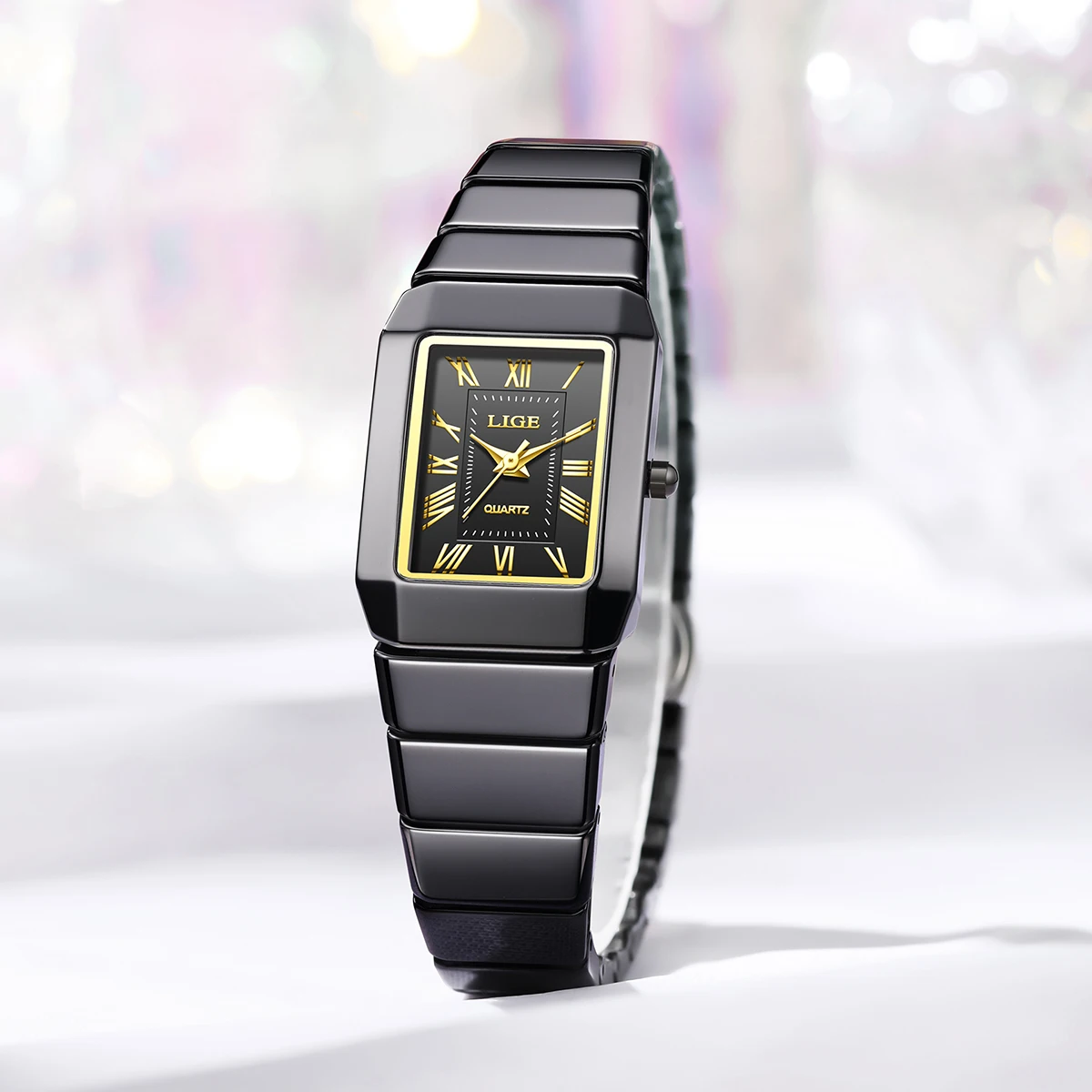 ساعة يد كوارتز سيراميك سوداء مربعة أنيقة للنساء من LIGE، ساعات فاخرة من السيراميك مقاومة للماء، ساعة نسائية كاجوال للسيدات