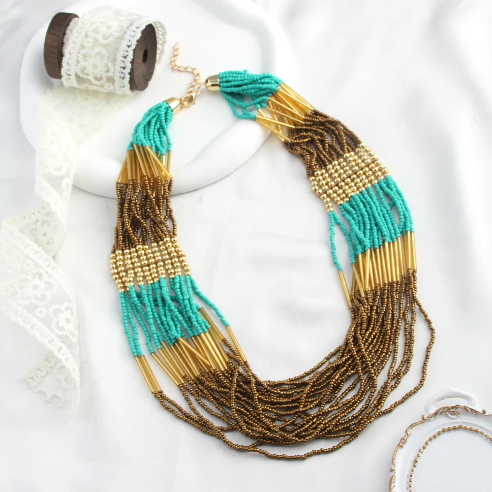 البوهيمي العرقية اليدوية متعدد الطبقات الزجاج الأرز عقد من اللؤلؤ مزيج اللون متعدد حبلا بيان قلادة البذور الخرز قلادة #2