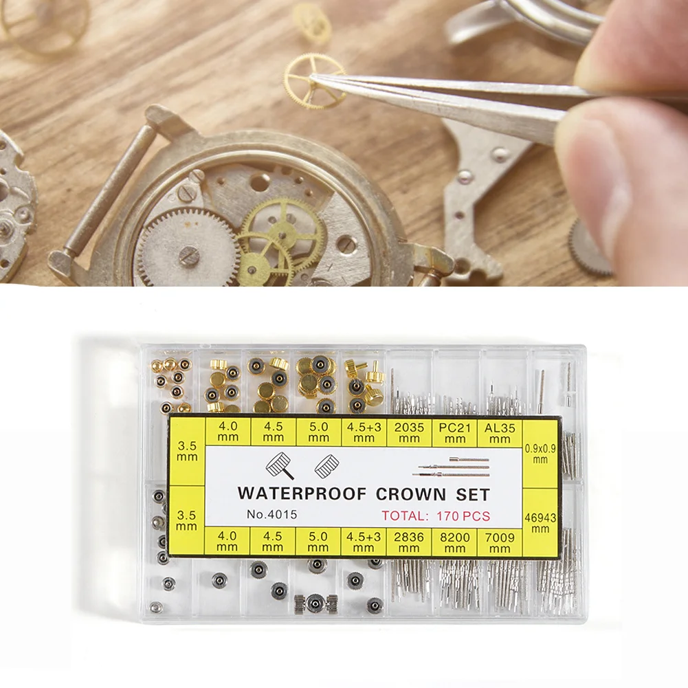 

170Pcs/Box Watch Crown Parts Replacement Assorted Dome Flat Head Watch Accessories Repair Tool Kit Accessories Tool Kits