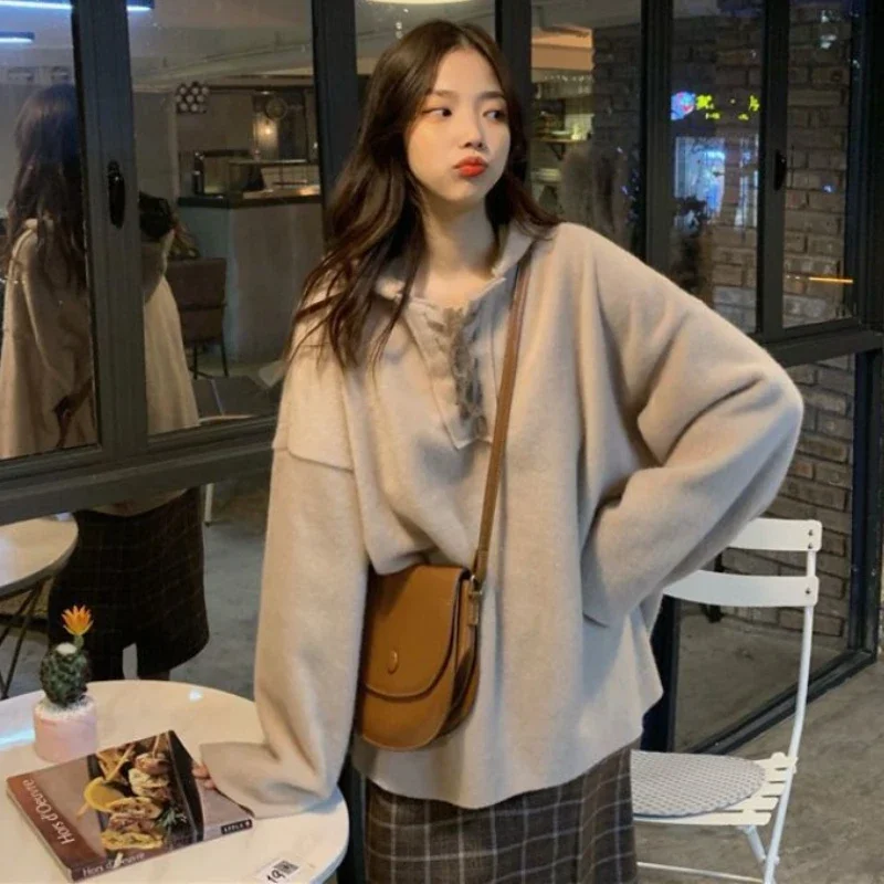 Hoodies for Women Harajuku Autumn Winter Cute Girls Korean Style Retro Lace-up Hooded Tops Baggy Fashion Students Leisure Daily