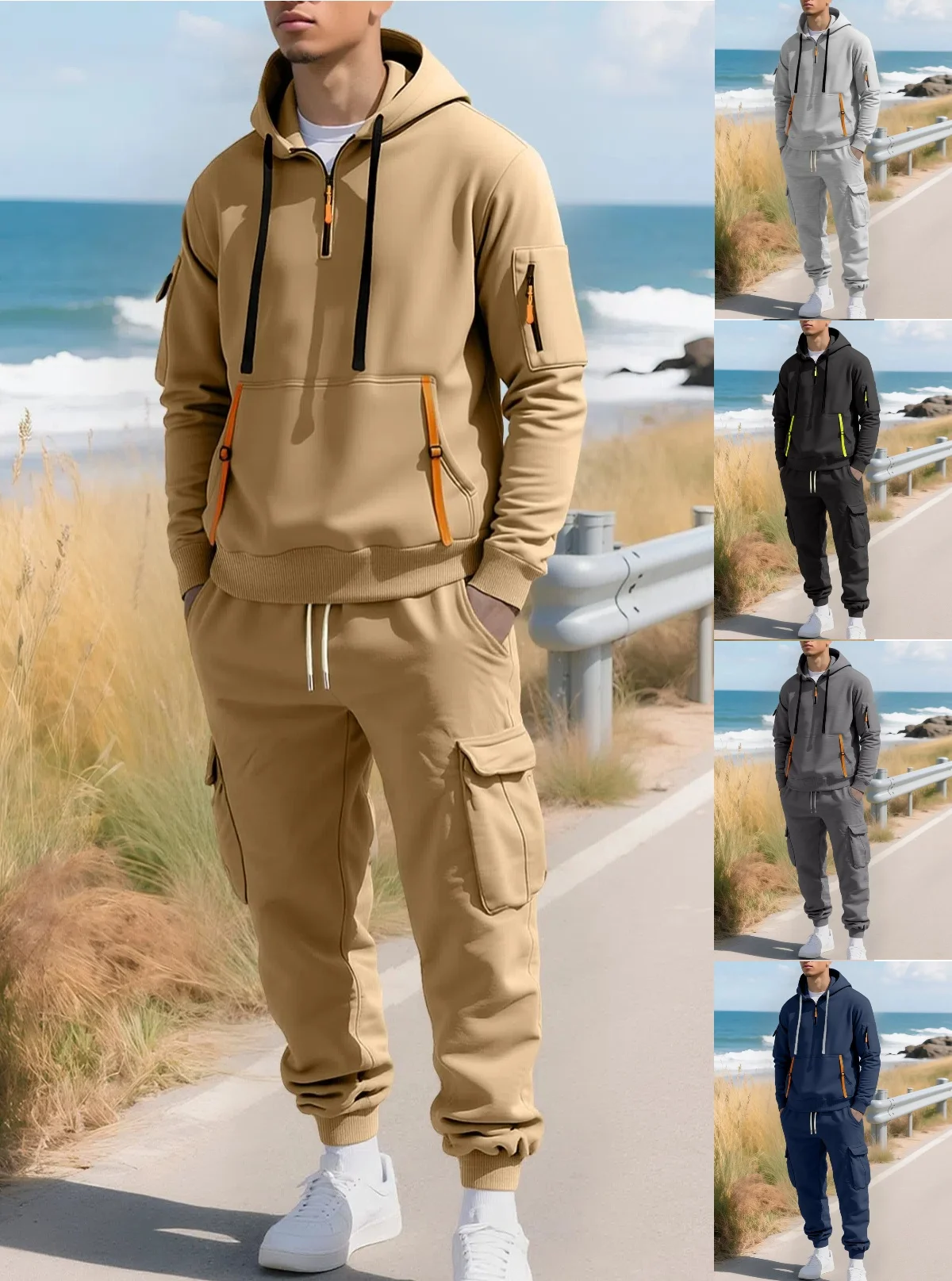 

Мужская модная свободная толстовка с капюшоном 2025, ночник, комплект на молнии, рабочие брюки с несколькими карманами, ансамбль