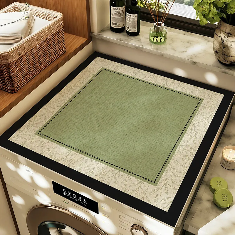 VIKAMA Vintage Olive Green Washing Machine Top Mat Tiny Leaf Border Waterproof Anti Dust Dryer Cabinet Surface Pad Dust Cover