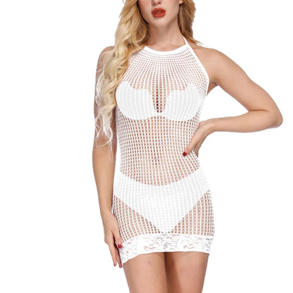 

Bikini Set Women See Through Mini Dress Sexy Ladies Mesh Beach Wear Cover Up Woman Hollow Out Fishnet Bodycon Short Dress Back