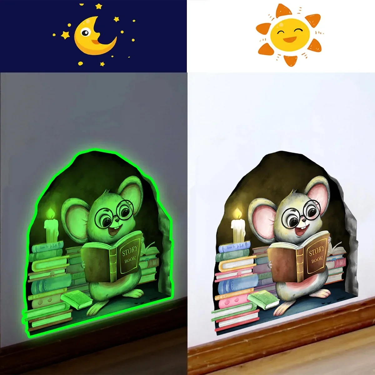 Cute Cartoon Mouse Hole Wall Luminous Stickers Fun Glow in The Dark Reading Mouse Wall Decoration for Children's Room Bedroom