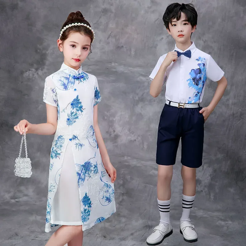 Children's Day performance attire, girl's cheongsam, Chinese style choir costume, boy's hosting recitation dress, performance co