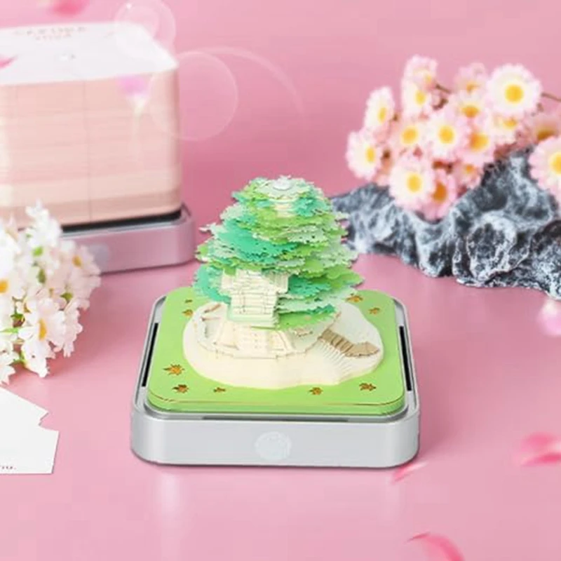 3D Notepad Desk Calendar With Lights, 2024 Calendar Sakura Tree 3D Notepad Artopad Engraving