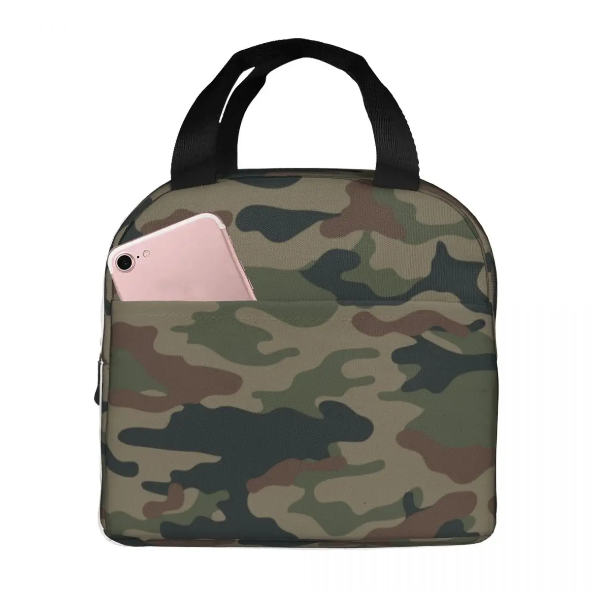 Green Brown Camouflage Army Camo Portable Lunch Box for Women Multifunction Thermal Cooler Food Insulated Lunch Bag