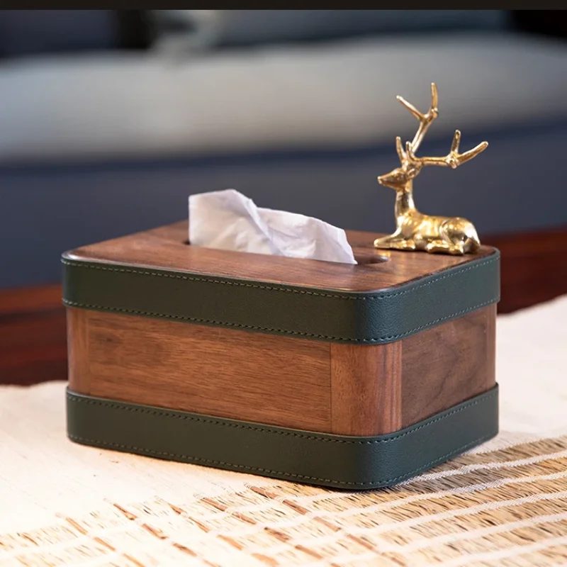 

Golden Deer Decorative Leather Tissue Box Coffee Table Desk Decor Walnut Napkin Holder Luxury Paper Towel Case