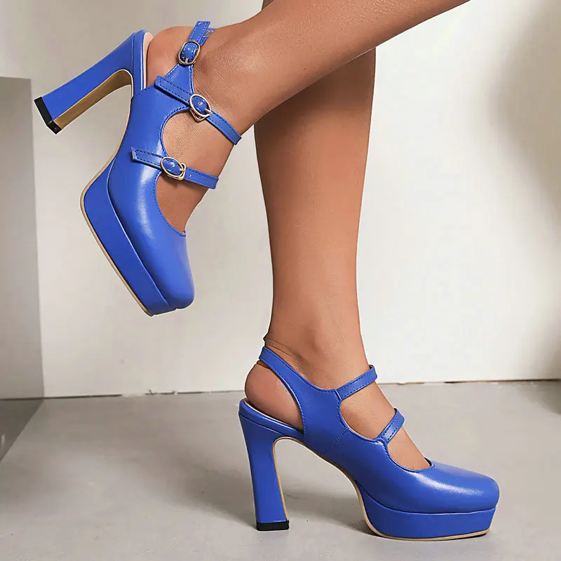 Bright Green Orange Blue Color Closed Toe Summer Mary Janes Heels Mature Sexy Woman Double Strap Platform Thick Heels Sandals