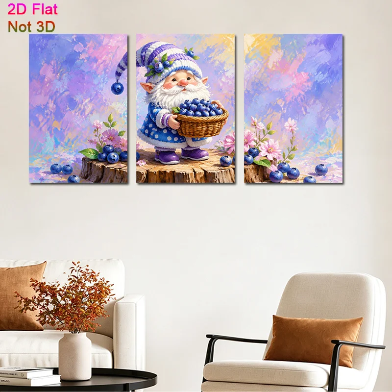 2D Flat, 2D Flat, 2D Flat 3pcs Unframed Canvas Painting Wall Art Adorable Enchanting Gnome Carrying Blueberry Basket Among Fl