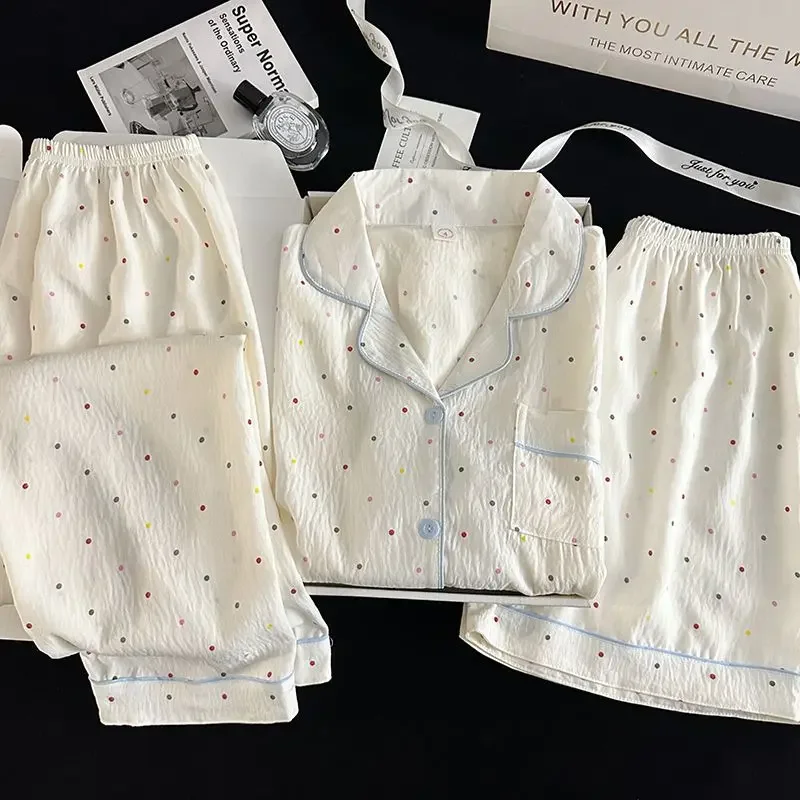 

Элегантный женский пижамный комплект из 3 предметов в горошек, пижамный комплект, топ и брюки с шортами, комплект из 3 предметов, домашний костюм, милые наряды Y2K