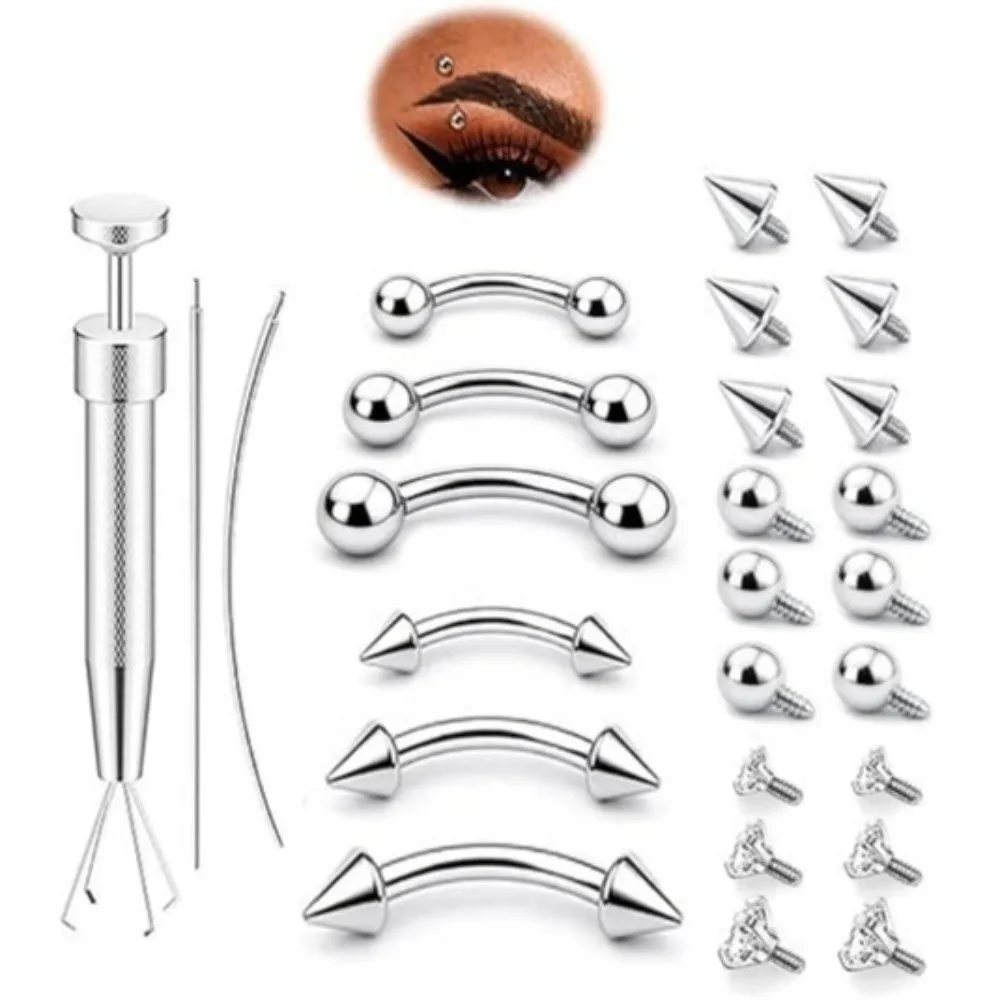 27/11/12Pcs Stainless Steel Eyebrow Piercing Jewelry Set with Tools Disposable Nose Piercing Kit with Nose Stud Internal Thread