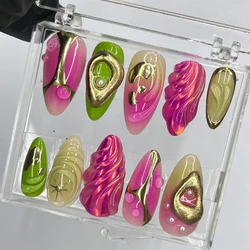 10Pcs Handmade Manicure Medium Almond Fake Nails New 3D Ballet Limited Nails Press On Nails Design with Adhesive Nail File Set