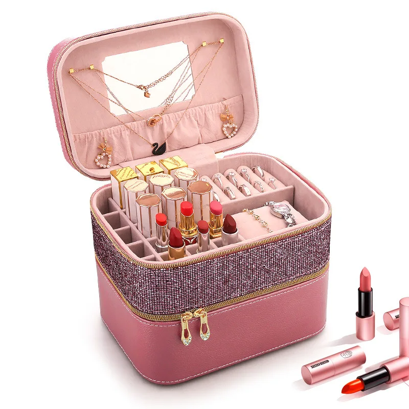 New Women Large Makeup Bag Girl Cosmetic Jewelry Case High Quality Leather Female Make Up Box Luxury Fashion Travel Wash Bags