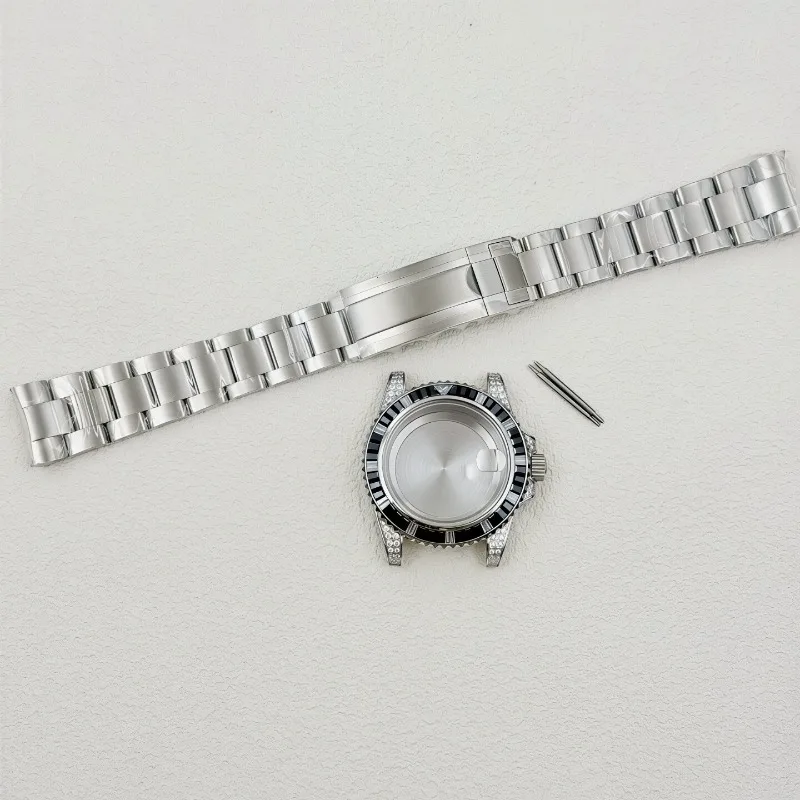 For 40mm Watch Case Set Diamond Bezel Steel Band Replacement Part