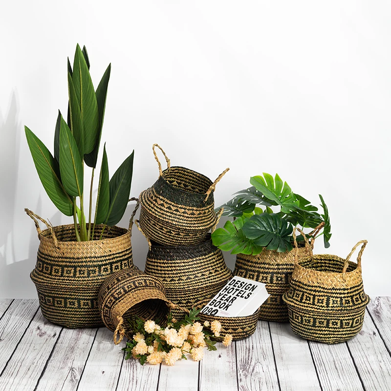 Foldable Handmade Woven Storage Basket, Straw Wicker, Rattan, Seagrass Belly, Flower Pot Plant, Laundry Basket