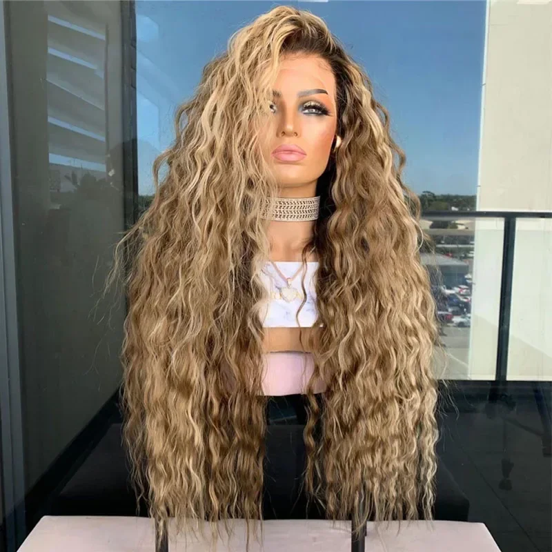 ロンググルーレス26インチハイライトブロンド180密度縮れ毛カーリーレースフロントウィッグ女性用ベビーヘア付き合成プレプラッキング済みデイリーウィッグ