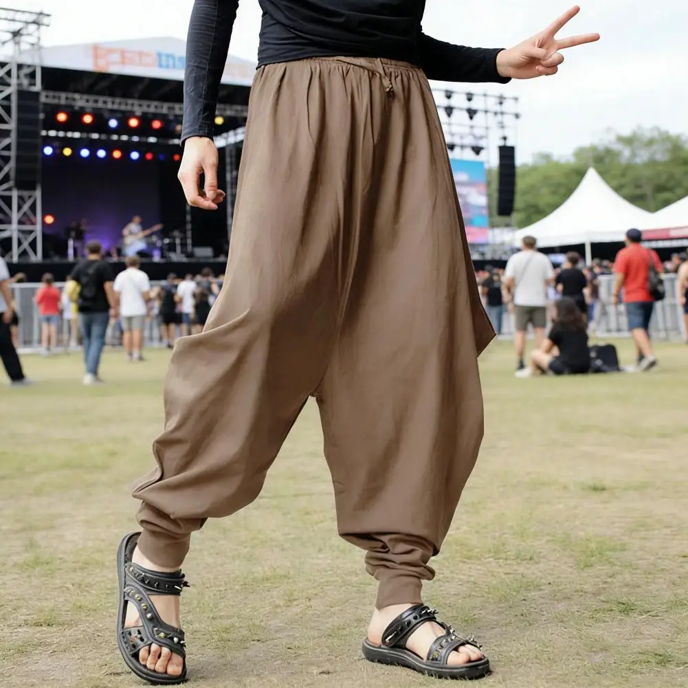 

Мужские брюки-шаровары с завязками на талии, свободные хлопковые брюки с заниженной проймой для хиппи, уличной моды и пляжа