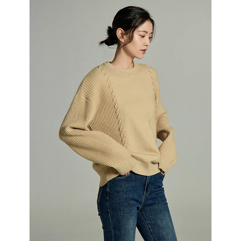 Toyouth Women Sweater 2023 Winter Long Sleeve Round Neck Loose Knitwear Ribbon Decoration Fashion Warm Yellow Apricot Tops