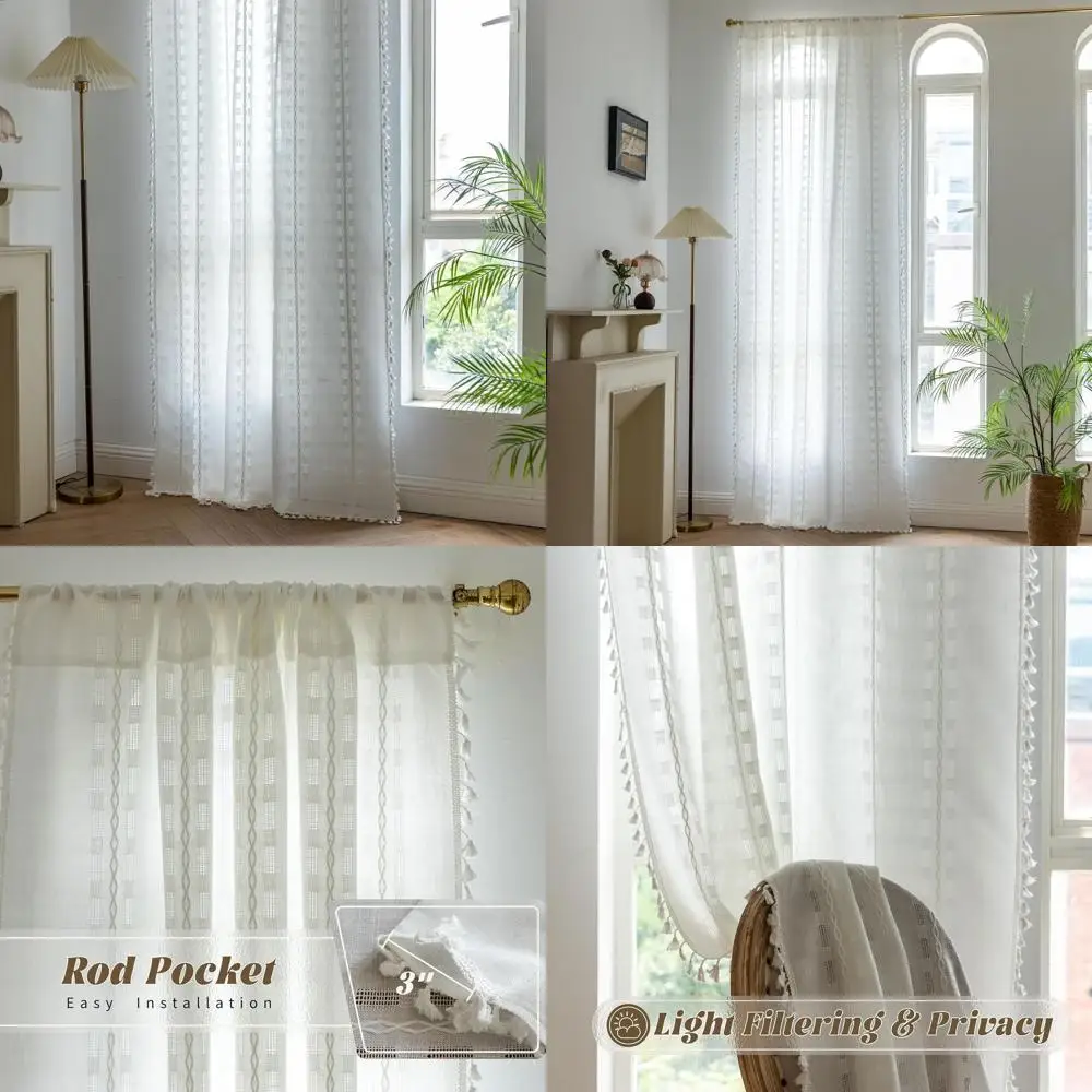 

Vintage Bohemian Semi-Sheer Linen Curtains, 96 Long, 2 Panels, Neutral Farmhouse Style for Living Room, Bedroom, Nursery
