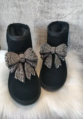 Botas de nieve de invierno para mujer, botas de nieve de cristal con cuentas de lazo de gran tamaño de cuero auténtico cálido, zapatos de piel de corte bajo, felpa gruesa a la moda