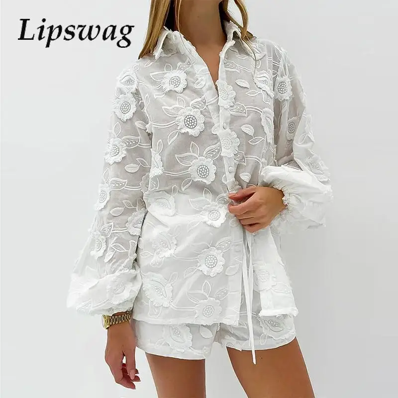 

Fashion Lapel Button Shirts & Short Pant Suit Women Casual Long Sleeve Solid 2Pc Outfits Sexy Lace Embroidered See Through Sets