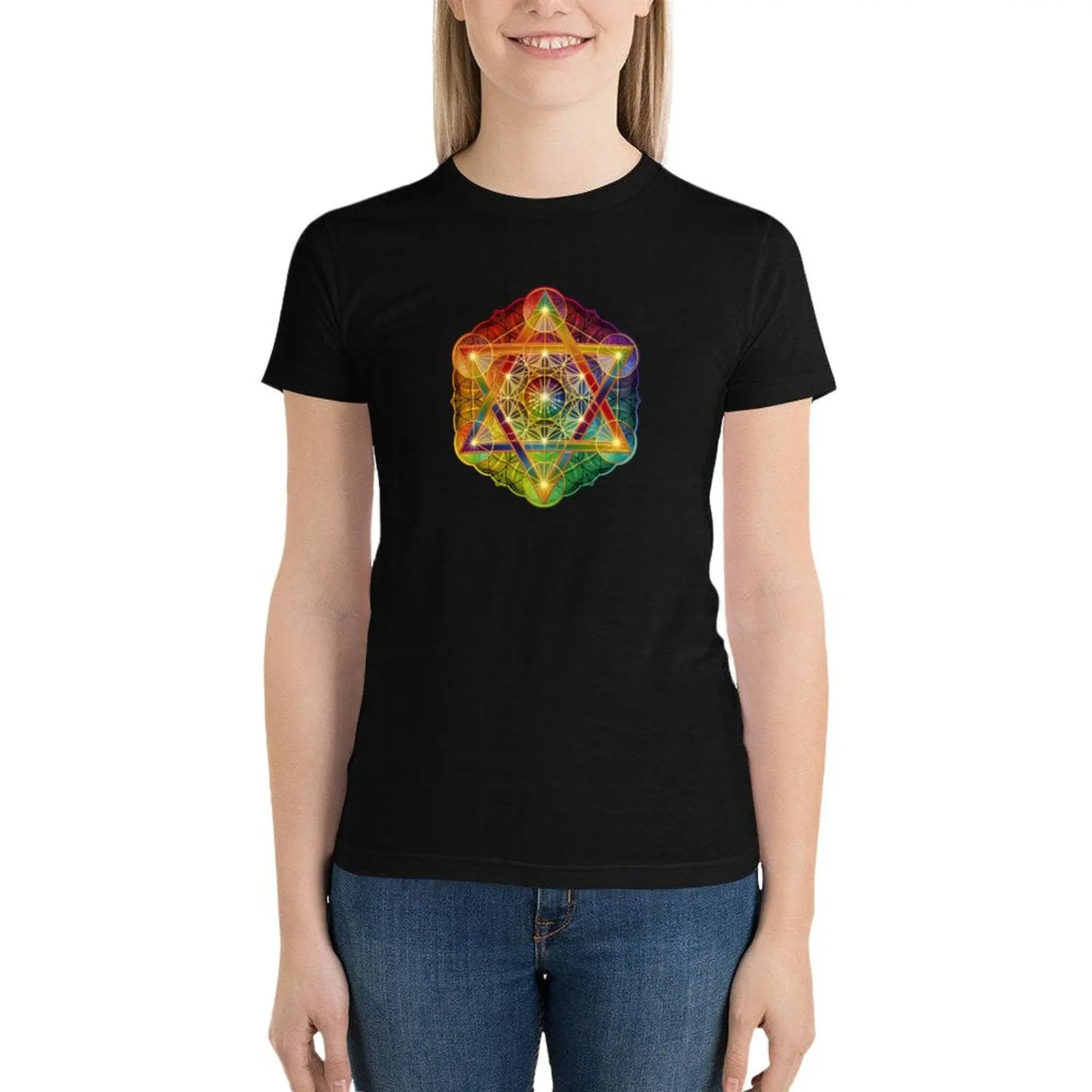 Metatron's Cube with Merkabah and Flower of Life T-Shirt Aesthetic clothing graphics summer top t shirts for Women