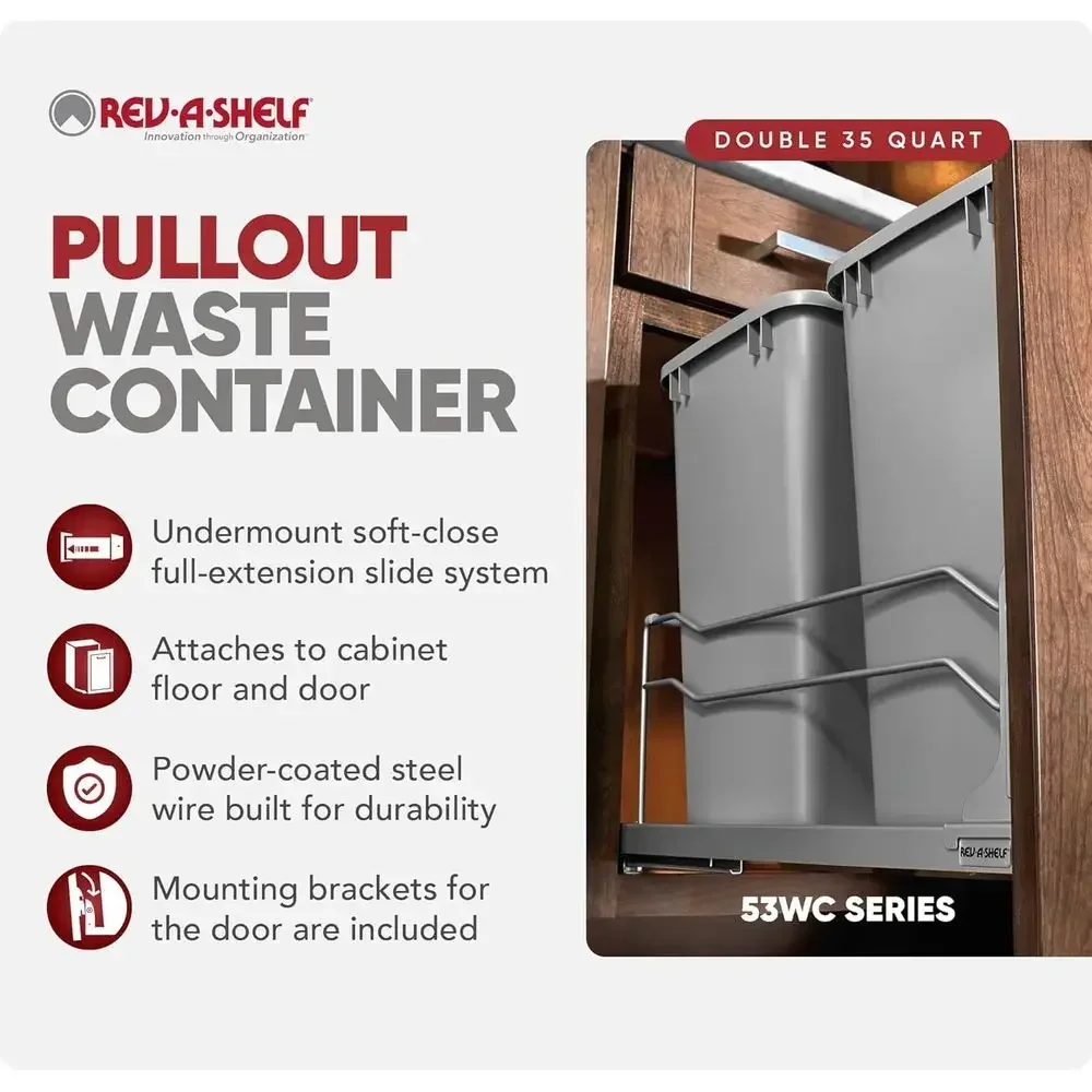 Double Pullout Kitchen Cabinet, 35 Quart, 8.75 Gallon, Soft-Close Slides, Metallic Silver
