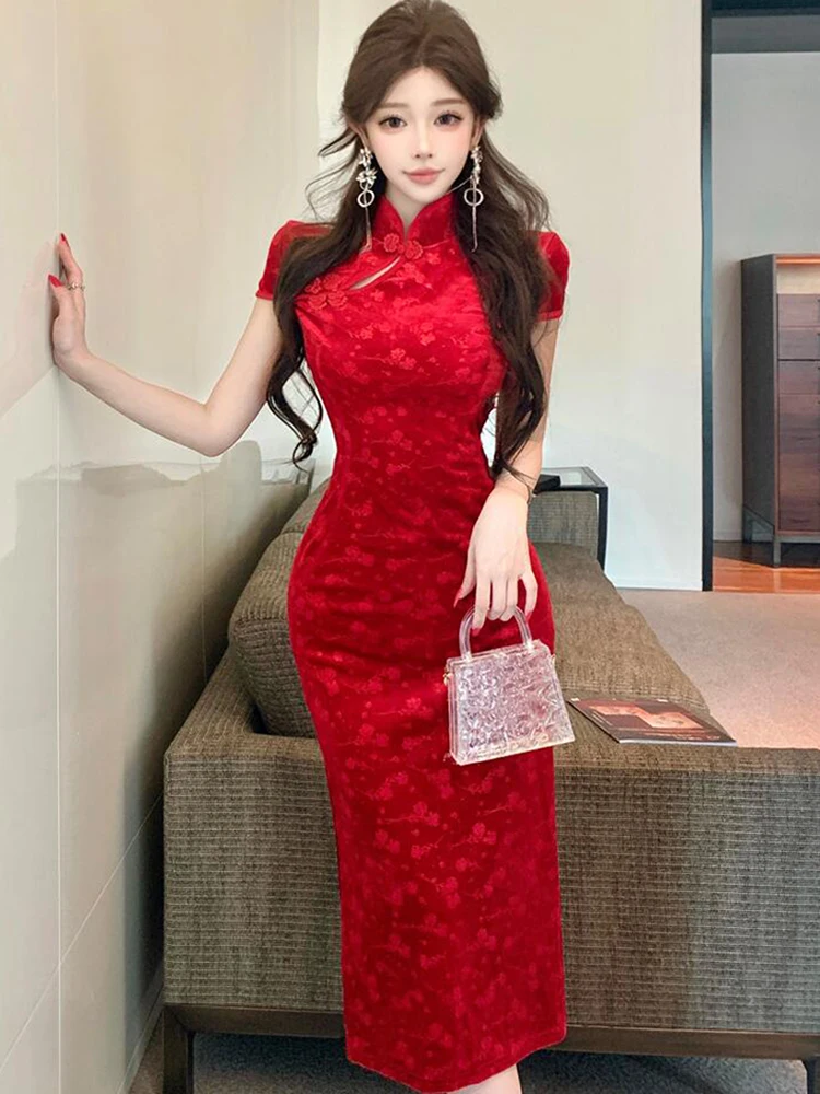

Женское красное бархатное жаккардовое платье с цветочным принтом на свадьбу, осеннее корейское винтажное роскошное вечернее платье, новинка 2025 года, праздничное платье с воротником-стойкой